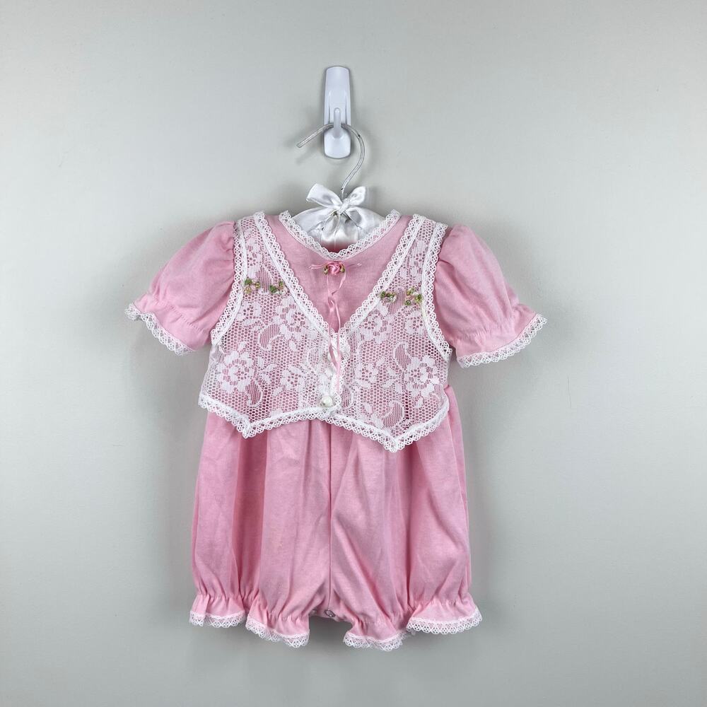 Vintage First In First Out Pink Lace Vest Romper 6-9 Months USA